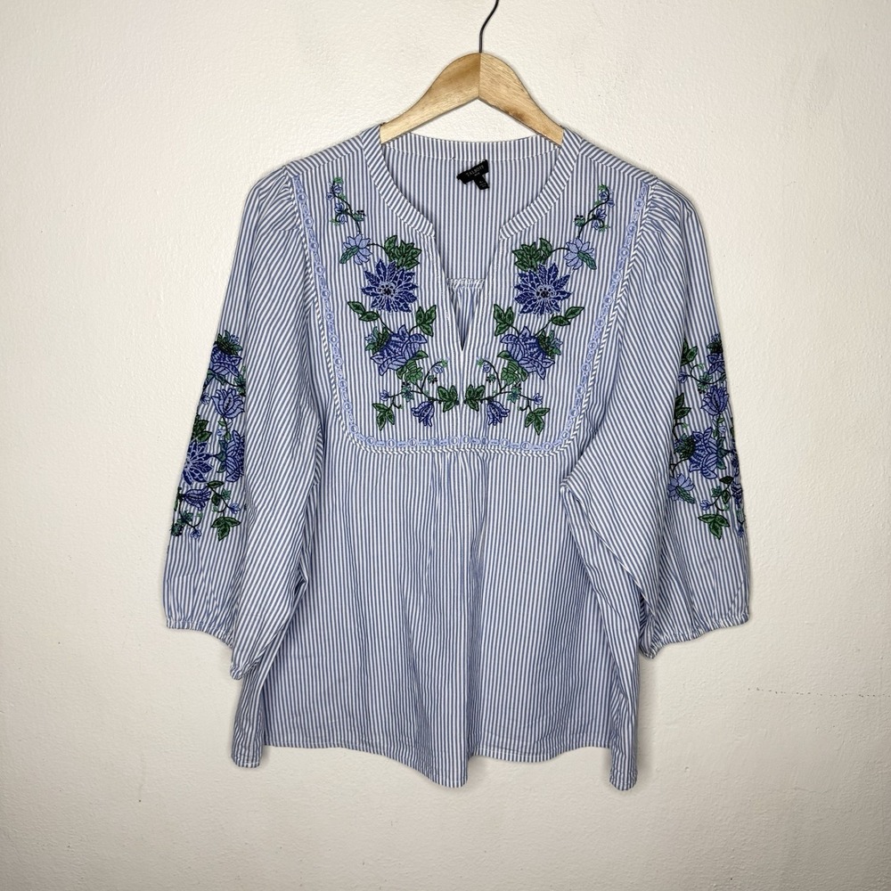 Talbots Blue White Striped Floral Embroidered Popover Women's XL Petite